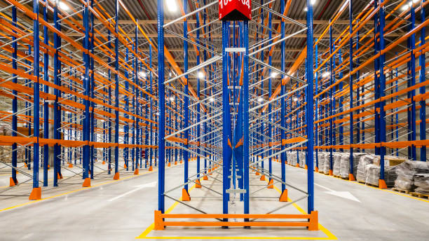 istock Business distribution and warehouse technology concept background, huge distribution new empty warehouse with high shelves, Interior of a modern warehouse storage of retail shop. 1462225608