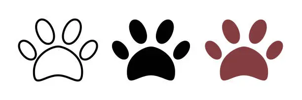 Vector illustration of Footprint pet. Paw prints. Dog or cat vector, icon. Foot puppy isolated on white background. Black silhouette paw. Cute shape paw print. Walks for design. Animal track. Trace foot dog, cat. Vector eps 10