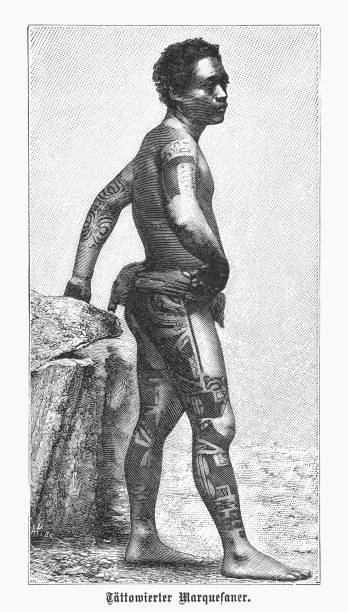 istock Tattooed indigenous man of Marquesas Islands, wood engraving, published 1899 1462227885