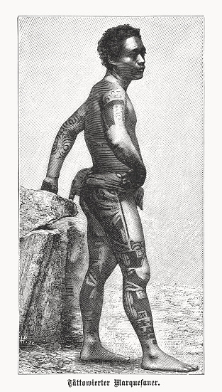 Tattooed indigenous man of Marquesas Islands - a group of volcanic islands in French Polynesia, an overseas collectivity of France in the southern Pacific Ocean. Wood engraving, published in 1899.