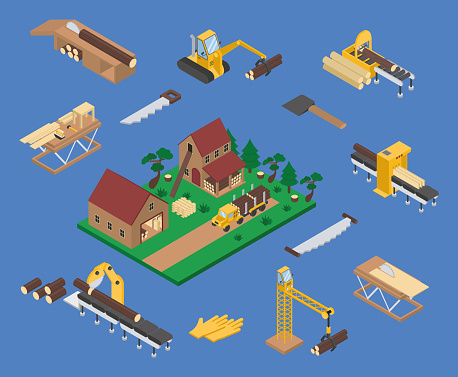 Sawmill Isometric Vector Set. Crane, conveyor belt, circular saw, two-handed saw, saw, forestry, axe, tractor, log, warehouse. The isometric illustration showcases various items related to a sawmill theme. illustration is a saw blade in motion, cutting through a log. Other items include stacks of finished lumber, a forklift moving logs, workers sharpening tools, and sawdust piles. The isometric style adds depth and perspective to the scene, emphasizing the scale and complexity of the operation.