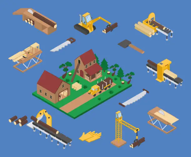 Vector illustration of Sawmill Isometric Vector Set