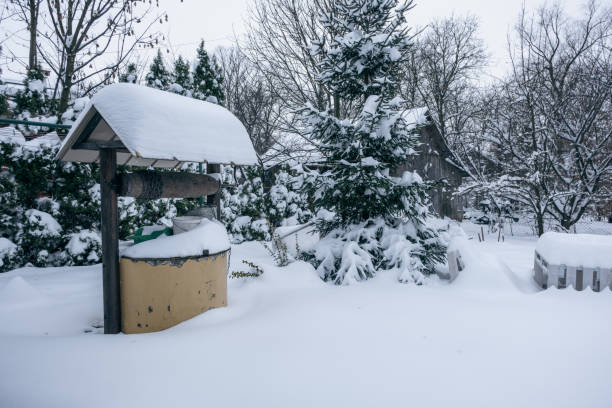 A snowy well - a large snow cap in the yard