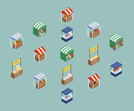 Market kiosk with different products. isometric vector