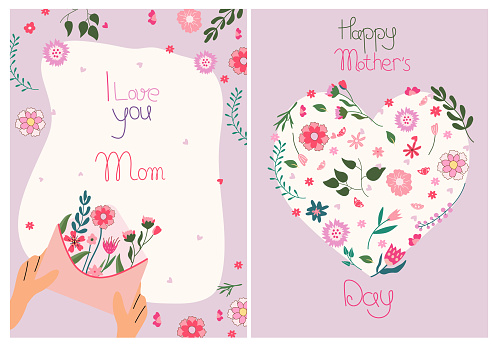 A heart of wildflowers and a bouquet inside an envelope. Mother's Day greeting cards. Bright compositions suitable for banners, posters, cards. Vector graphics