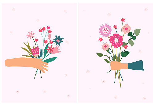 A hand holding a bright bouquet of wildflowers. A floral arrangement for celebrating a birthday, wedding, mother's day, spring, etc. Minimalist Vector illustration