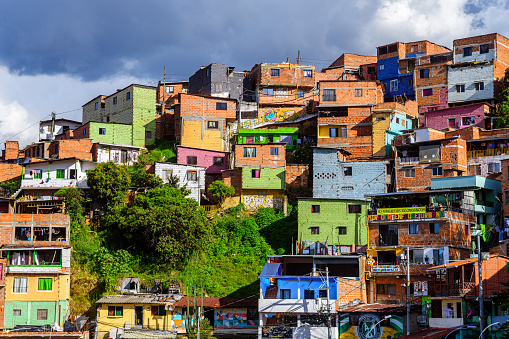 medellin, colombia. 20th august, 2022: colorful streets of comuna 13 district in medellin, colombia