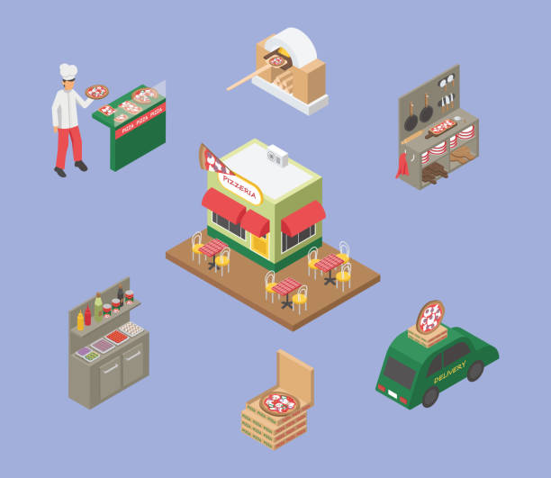 Pizzeria Isometric Vector Pizza, pizzeria. Isometric vector illustration. pizza place stock illustrations