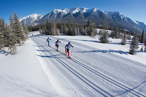 A group of three men go uphill during a cross-country ski race at the Canmore Nordic Centre Provincial Park in Alberta, Canada. They are doing the cross-country classic ski technique. (John Gibson Photo / Gibson Pictures)