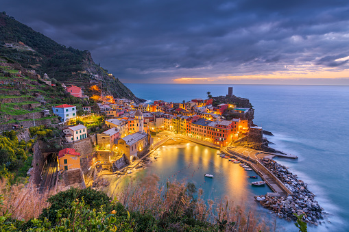 Vernazza, La Spezia, Liguria, Italy in the Cinque Terre region at dawn.