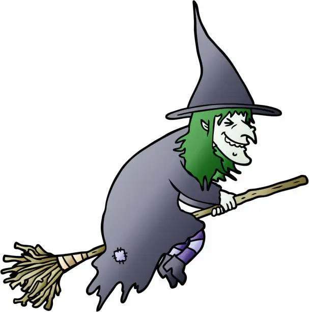 Vector illustration of cartoon witch on broom