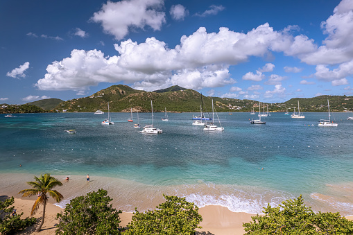 The drone aerial view of Pigeon Point Beach and Falmouth harbor, Antigua.
