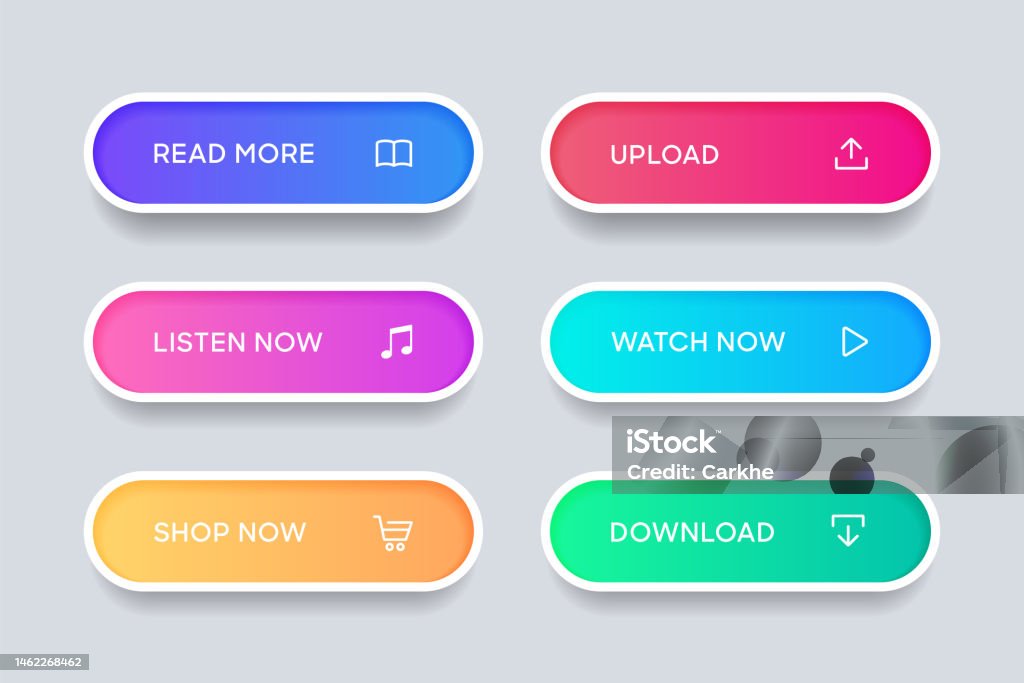 3d Click Here Web Buttons Set Of Action Button Hand Cursor And Arrow ...