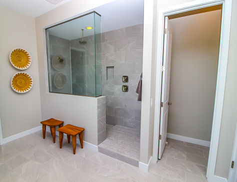 Glass Walk In Shower In Modern Master Bathroom