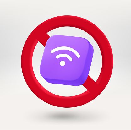 Wireless connection icon in red circle with crossed line. No wireless connection concept. 3d vector icon