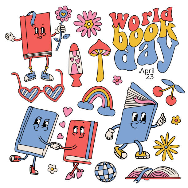 Groovy retro cartoon book characters set for World Book Day, Collection of elements for Reading the books and Book festival in 70s style. Mascots with hands and gloved arms. Vintage vector design