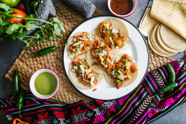 Mexican Tacos al pastor food top view in Mexico stock photo