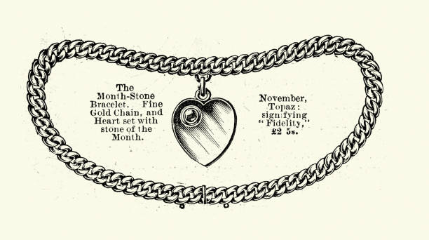 Vintage illustration Late Victorian era jewellery heart shaped gold month stone bracelet 1890s, 19th Century Vintage illustration Late Victorian era jewelry heart shaped gold month stone bracelet 1890s, 19th Century gold link chain stock illustrations