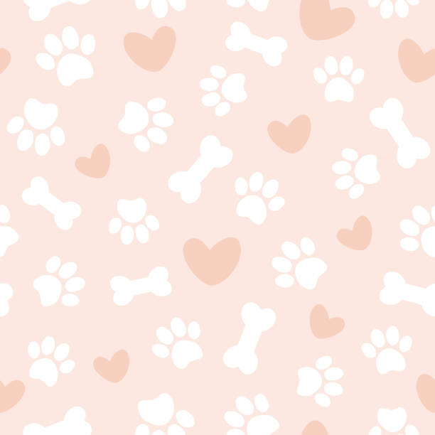 애완 동물의 발, 뼈 및 하트가 있는 귀여운 매끄러운 패턴. 분홍색 배경에 벡터 그림입니다. - paw print 이미지 stock illustrations