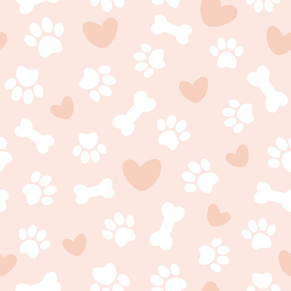 Cute seamless pattern with pet paw, bone and hearts. Vector illustration on pink background. It can be used for wallpapers, wrapping, cards, patterns for clothes and other.