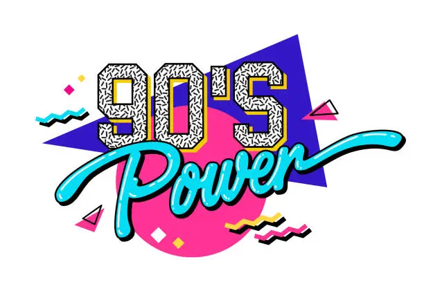 Vector illustration of Bright and vivid lettering phrase with a playful 90s vibe - 90s power. The vector typography design element showcases geometric shapes as its background. Web, fashion, print purposes