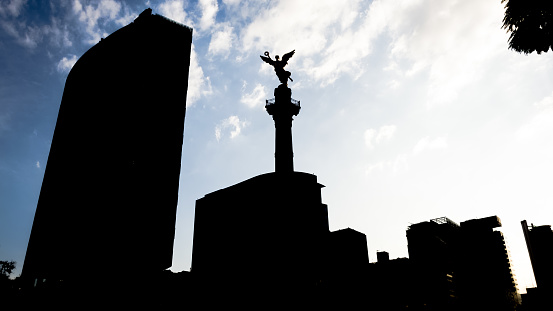 Architectural detail of The Angel of Independence, a victory column on a roundabout on the major thoroughfare of Paseo de la Reforma in Mexico City, CDMX, Mexico