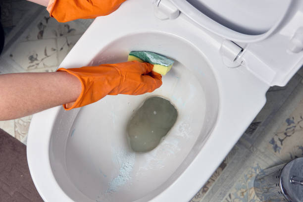 Using cleaning sponge and rubber gloves when cleaning toilet.
