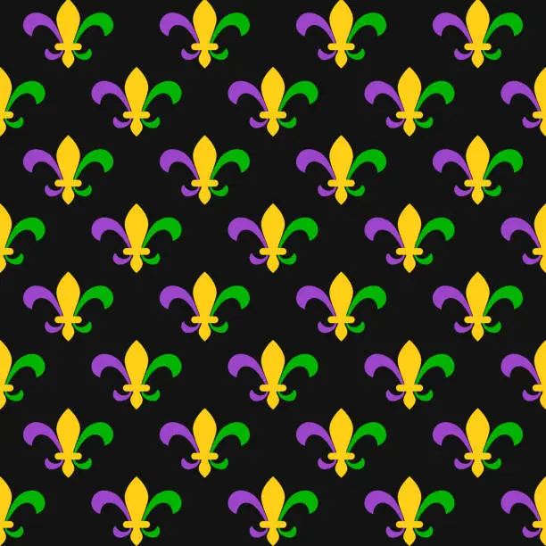 Vector illustration of Mardi Gras Fleur de lis  seamless pattern.  Royal lily vector background.  Easy to edit template for carnival decorations