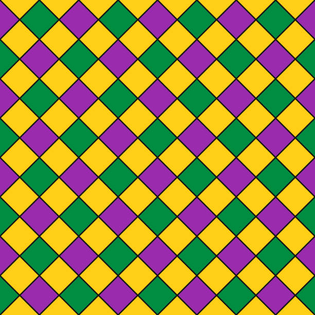 Mardi Gras seamless pattern. Fleur de lis checkered background. Green, purple and yellow background. Vector template for carnival decorations Mardi Gras seamless pattern. Fleur de lis checkered background. Green, purple and yellow background. Vector template for carnival decorations. new orleans fleur de lis stock illustrations