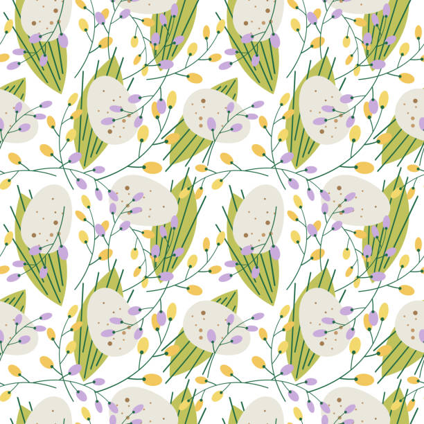 Cute repeating seamless pattern for Easter on a white background. Unpainted natural quail egg in a pattern with mimosa branches and flowers, green leaves. Easter background. Cute repeating seamless pattern for Easter on a white background. Unpainted natural quail egg in a pattern with mimosa branches and flowers, green leaves. Easter background. For textiles and design quail egg cartoon stock illustrations