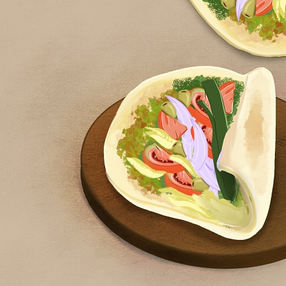 illustration of middle eastern dish, manaqish, rolled bread topped with various vegetables
