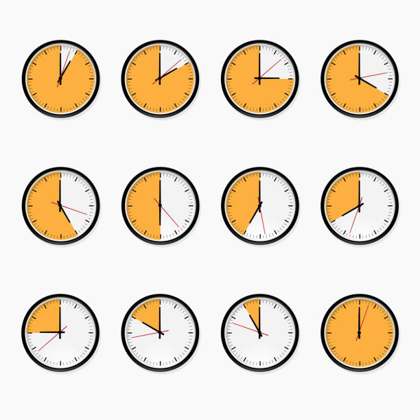 주황색 타이밍 표시가있는 벽시계 세트 - white background color image alarm clock deadline stock illustrations