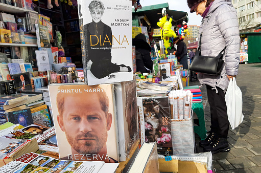 Bucharest, Romania - January 30, 2023: The memoir book Spare written by Prince Harry, Duke of Sussex, is on sale at a bookstore.