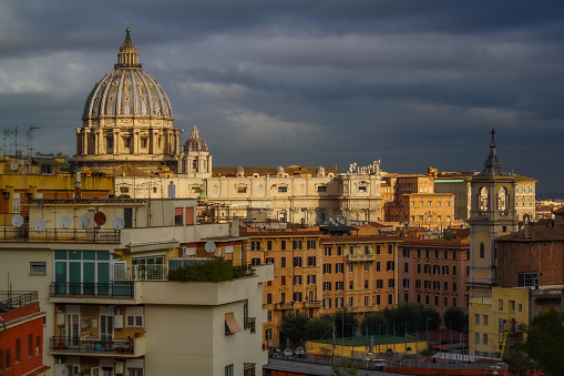 Vatican - May 2019: St. Peter`s basilica dome in Vatican, center of Rome, Italy