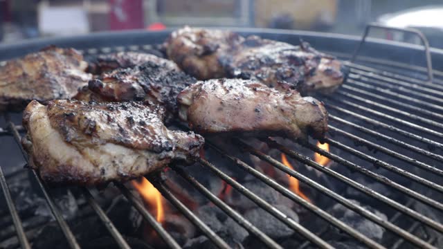 Chicken Thighs On Hot Barbecue With Smoke