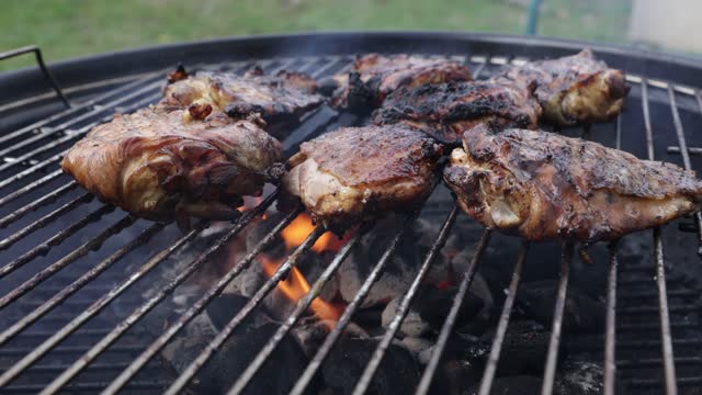 Chicken Thighs On Hot Barbecue With Smoke