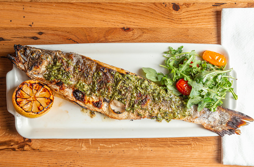 Plate of grilled branzino