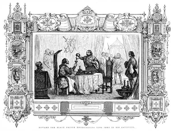 eduard z woodstocku, černý princ, baví francouzského krále jana ii., který je jeho vězněm, evropské středověké dějiny 14. století - black history in the us stock ilustrace