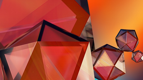Red, orange, jewel-like angular deformed hexagonal three dimensional abstract dramatic passionate luxurious modern 3D rendering graphic design elemental background material. High quality 3d