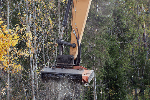 Excavator mulcher for vegetation control, roadside land clearing and, forest fire prevention.