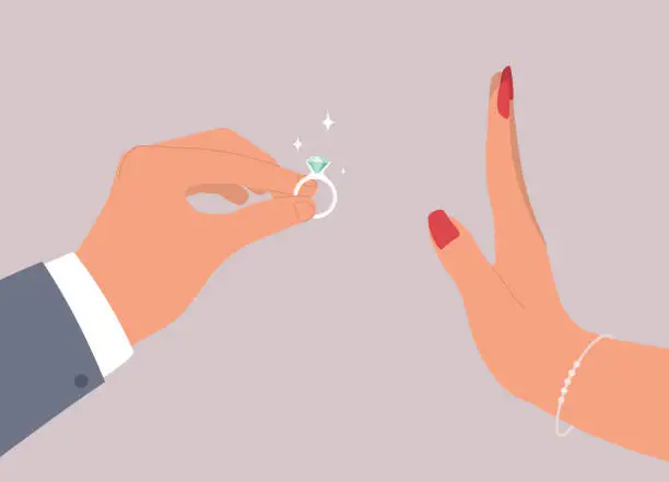 Vector illustration of Female’s Hand Rejecting Marriage Proposal With Male’s Hand Holding A Big Shiny Diamond Ring. Turned Down. Decline. Say No.