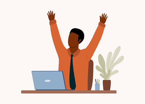 One Black Businessman Sitting At Working Desk With Laptop, Stretching And Raising Both His Arms. Isolated On Color Background.