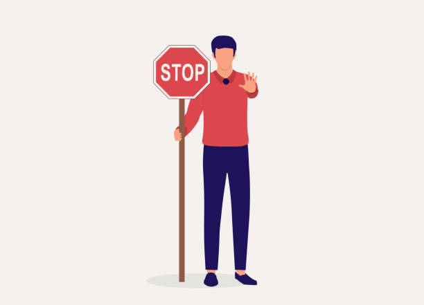Man Holding A Stop Sign. One Young Man Holding A Stop Sign With One Hand In Stop Gesture. Isolated On Color Background. stop single word stock illustrations