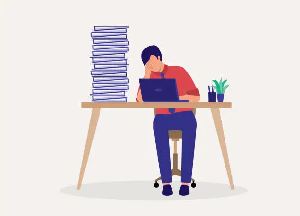 Vector illustration of Stressful Young Man Employee Working On Laptop.