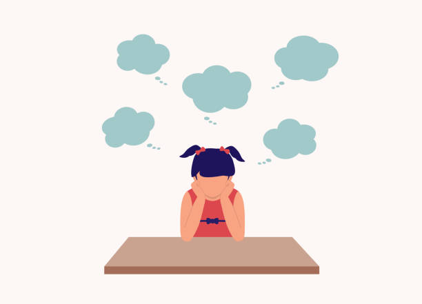 Little Girl Thinking With Empty Thought Bubbles. One Little Girl Thinking With Both Hands On Her Chin. Group Of Empty Thought Bubbles Appear On Top Her Head. Isolated On Color Background. bored children stock illustrations