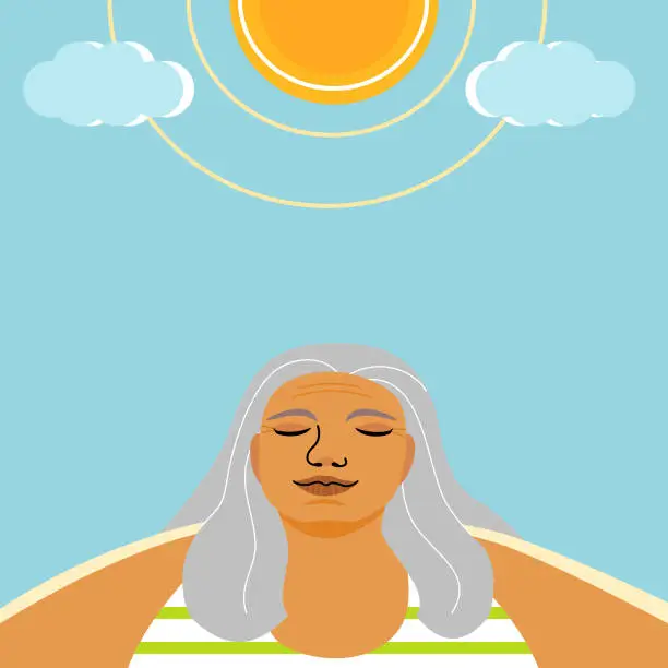 Vector illustration of A senior female standing in the sunlight and clear sky, aging youthfully concept. flat vector illustration.
