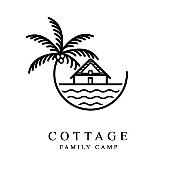 hütte cottage mit palme logo vektor illustration design linie art style - lifestyle sports and fitness travel locations water stock-grafiken, -clipart, -cartoons und -symbole