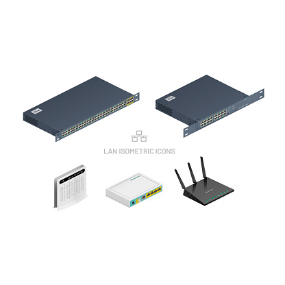 Router and switches icons set. Isometric vector illustration in white background