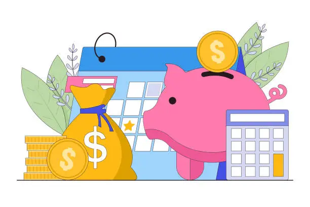 Vector illustration of Flat office desk with piggy bank, money, calculator and calendar. Auditors workplace. Calculating payment, salary or taxes. Financial administration concept
