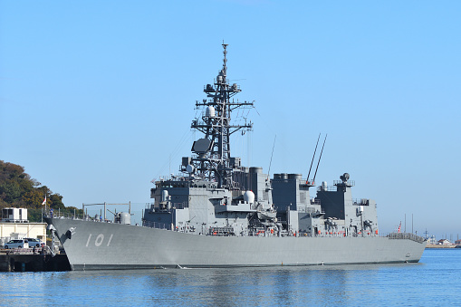 Kanagawa Prefecture, Japan - December 04, 2022: Japan Maritime Self-Defense Force JS Murasame (DD-101), Murasame-class destroyer.
